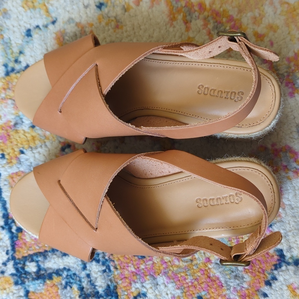 Soludos Amalfi Leather Criss Cross Espadrille Platform Heeled Sandals Nude Tan 7 - Picture 4 of 16